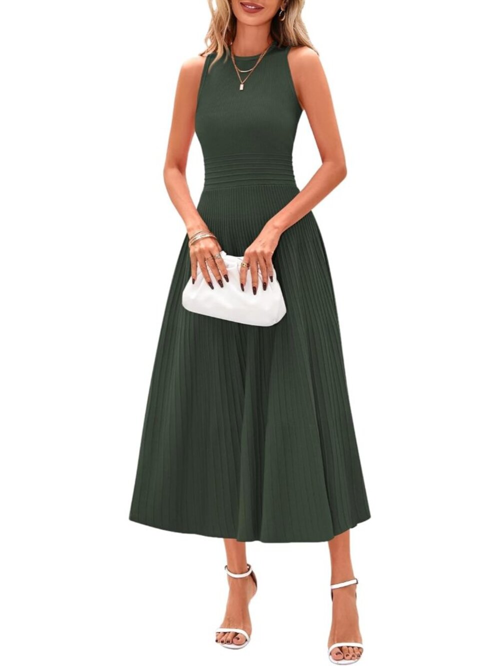 Women's Army Green Sleeveless A Line Pleated Midi Work Wedding Guest Dresses